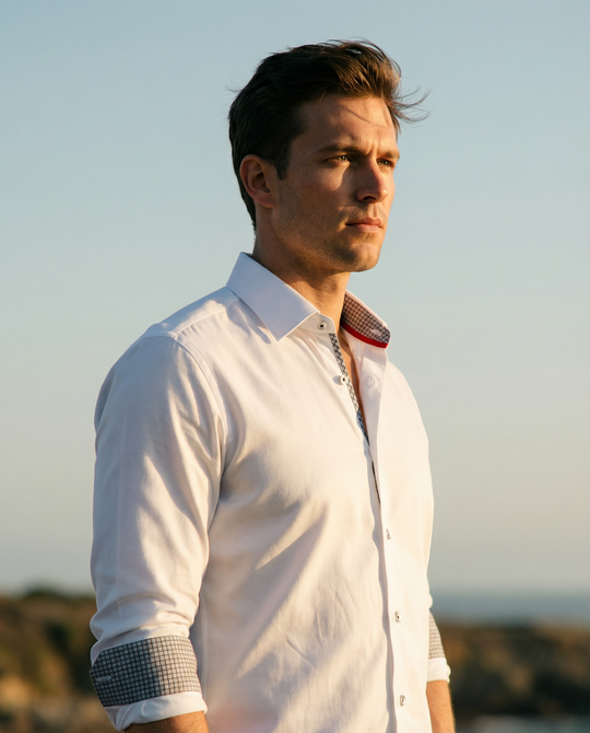 White button-up shirt with contrast inner collar and check-pattern cuffs