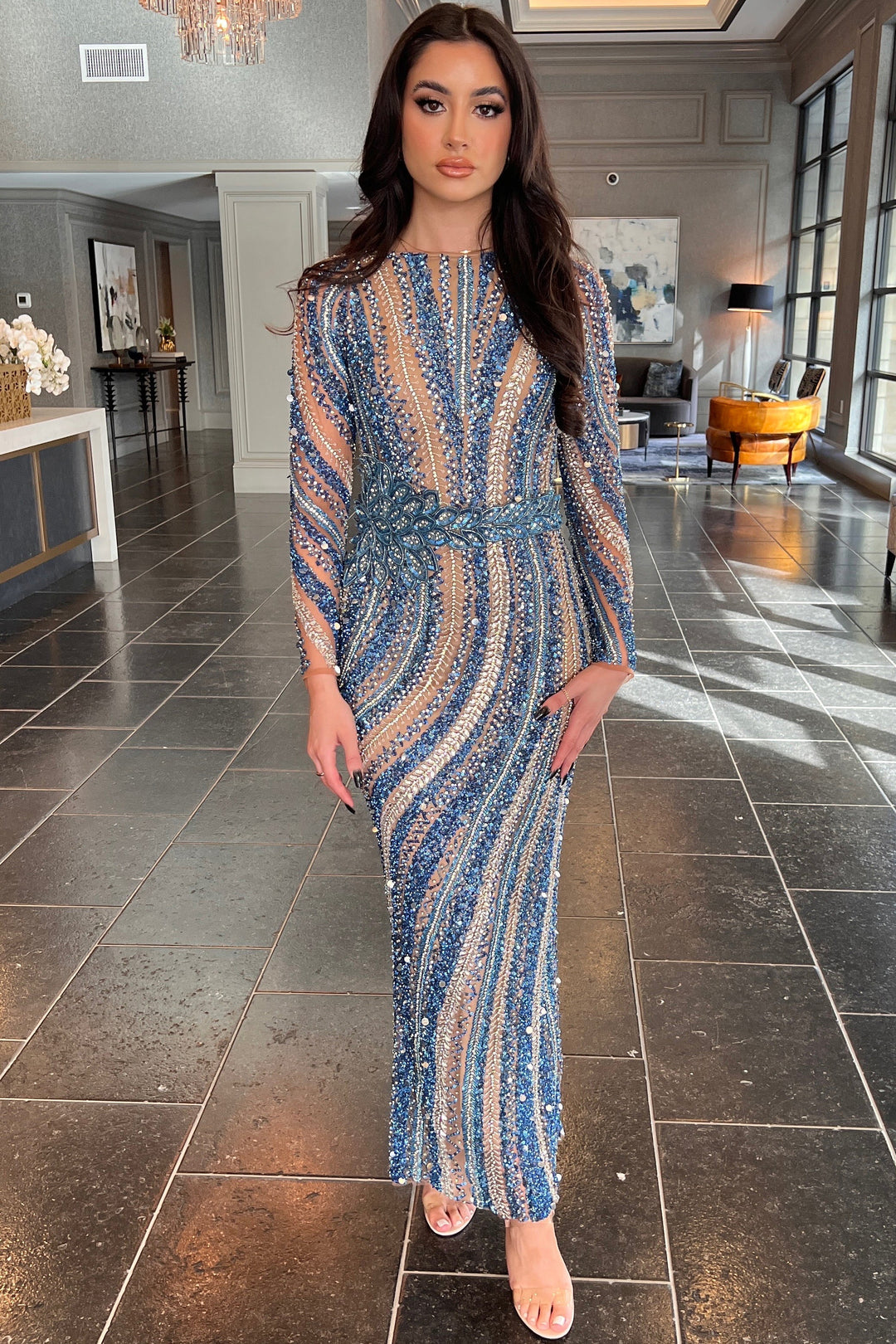 Mariam Long Sleeve Beaded Dress (Blue) full-length with long sleeves and beaded stripes.