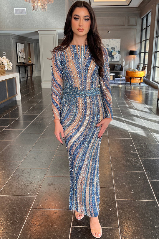 Mariam Long Sleeve Beaded Dress (Blue) full-length with long sleeves and beaded stripes.