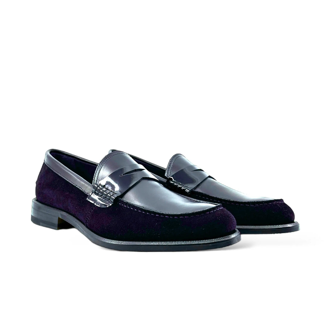 Damen-Loafer mit Zierschnalle, dunkelviolettes Wildleder &amp; schwarzes Glattleder