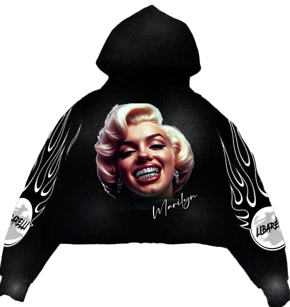 Black Marilyn Monroe hoodie with bold face graphic on the front and flame sleeve prints