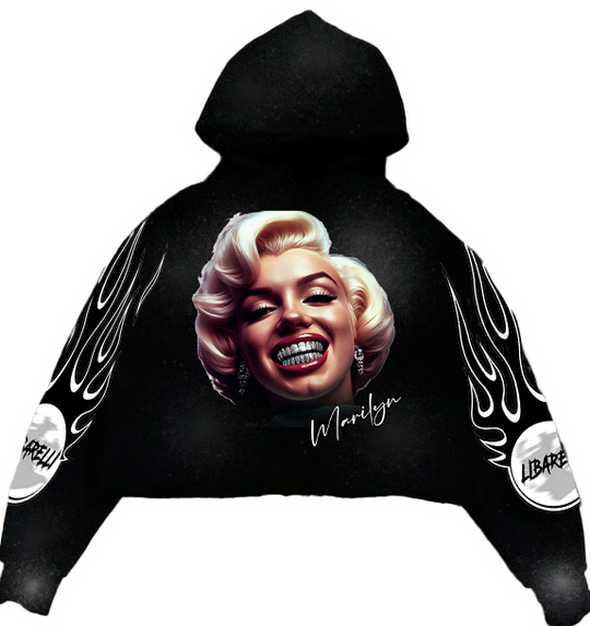 Black Marilyn Monroe hoodie with bold face graphic on the front and flame sleeve prints