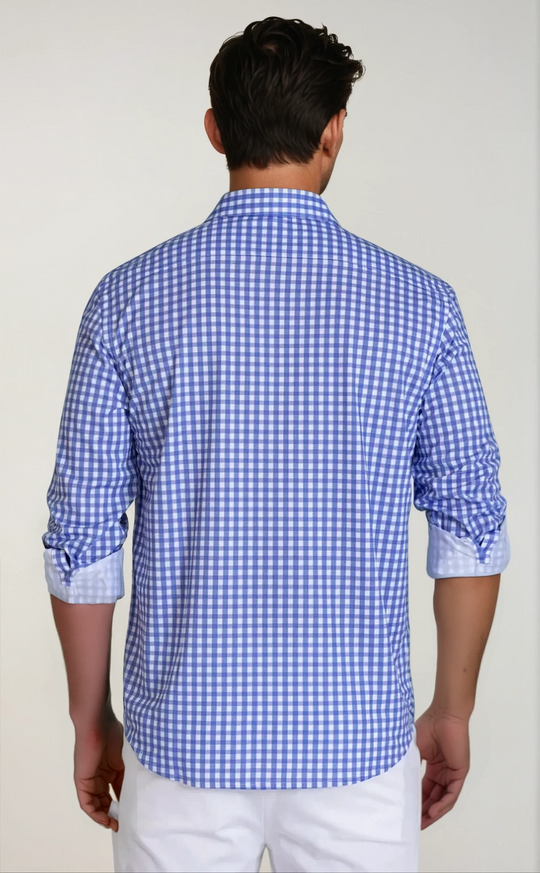 Blue gingham button-up dress shirt on model, back view, long sleeves
