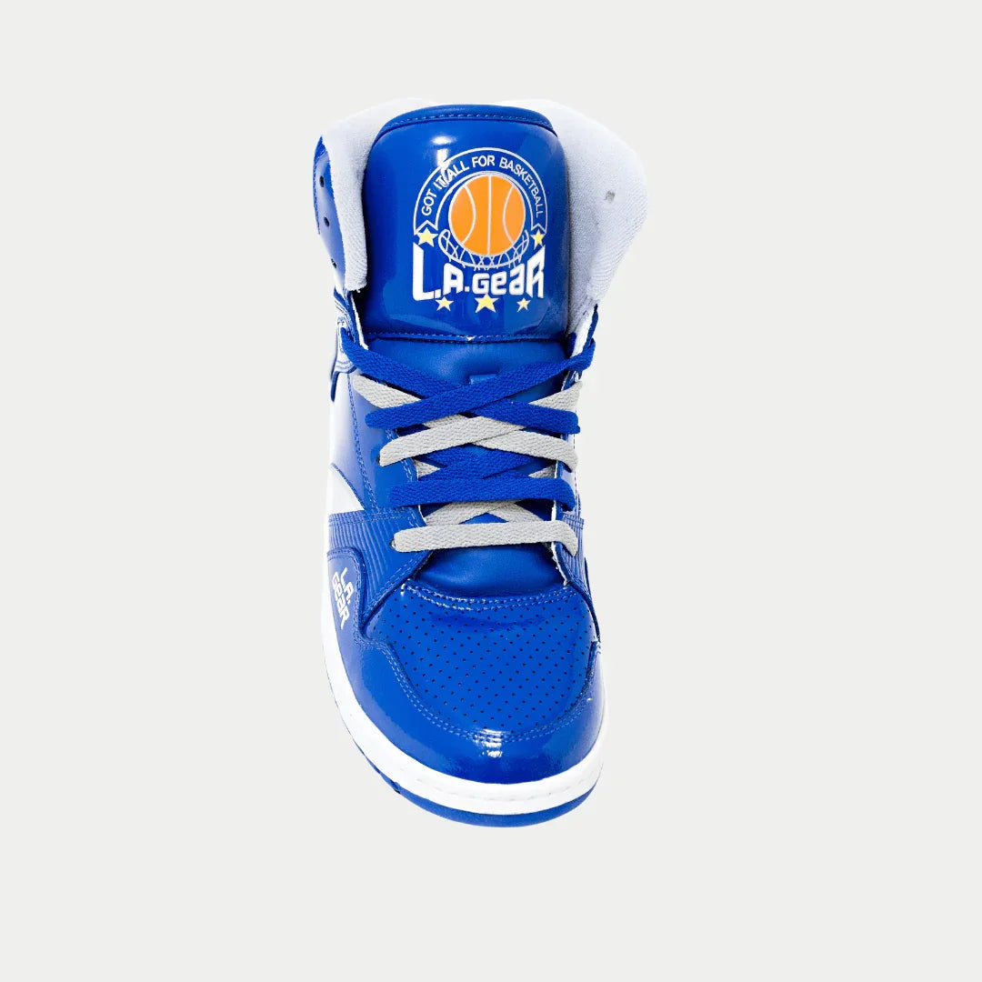 Blue high-top heel with L.A. Gear logo on back collar