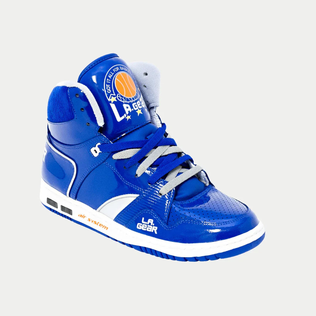 Blue high-top sneaker with white side stripe and blue/white laces