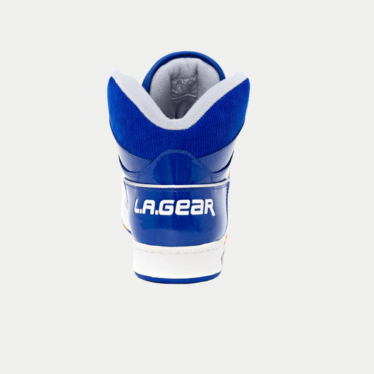 Blue high-top sneaker back view with cushioned collar and branding patch