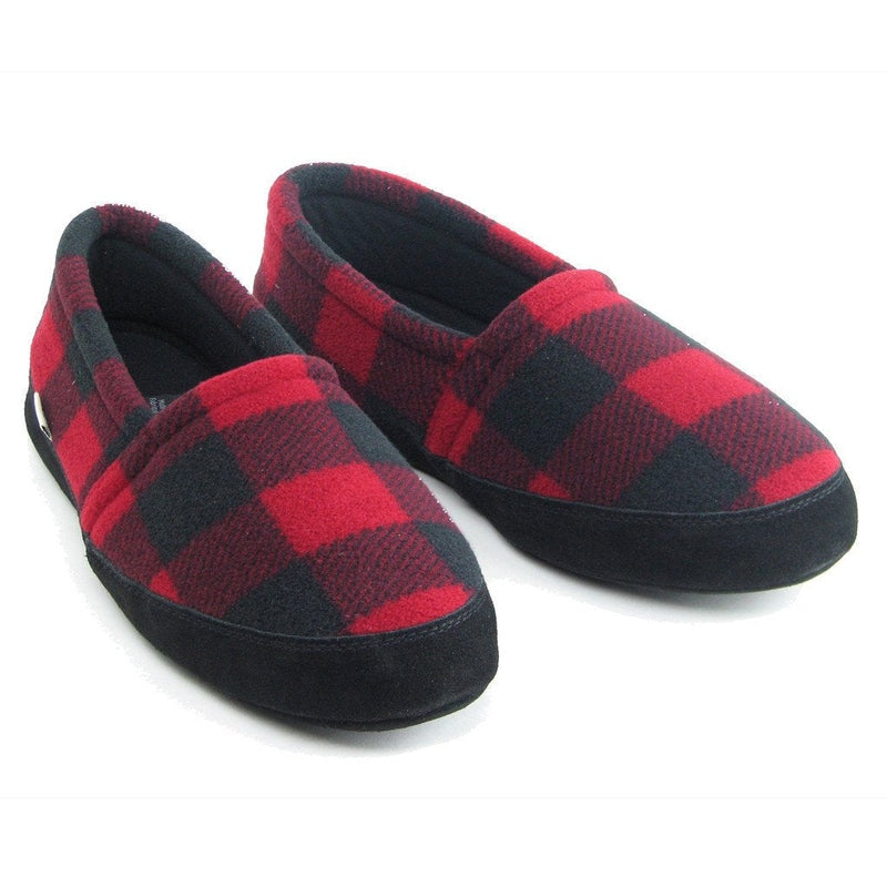 Pair of men’s Lumberjack plaid mocs, red-and-dark plaid uppers with black edging
