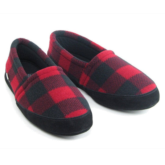 Pair of men’s Lumberjack plaid mocs, red-and-dark plaid uppers with black edging