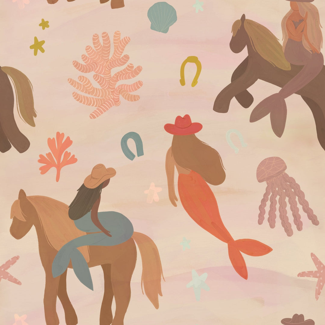 Mermaid-themed sea animal illustration fabric pattern backdrop