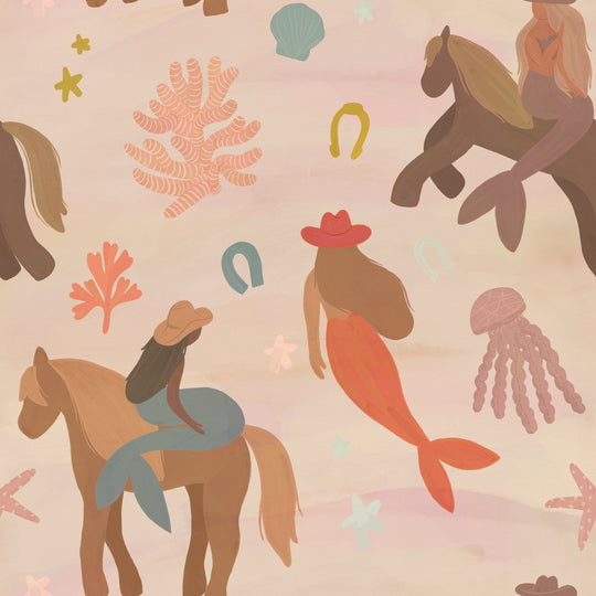 Mermaid-themed sea animal illustration fabric pattern backdrop