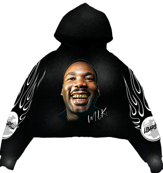 Black M.L.K. hoodie with flame sleeve prints and front logo, hooded sweatshirt