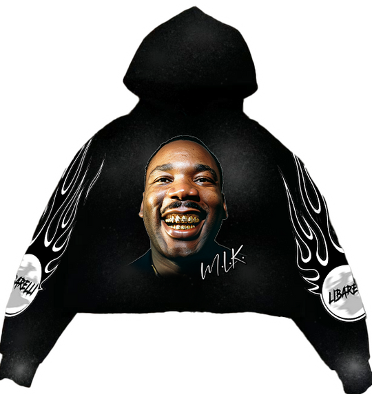 Black M.L.K. hoodie with flame sleeve prints and front logo, hooded sweatshirt
