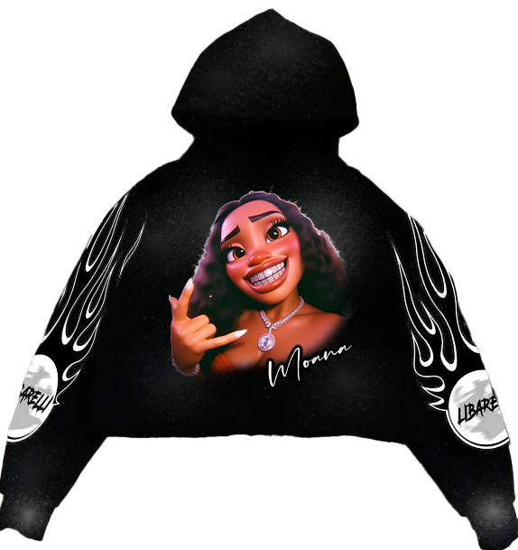 Moana Hoodie, black hoodie with large front character graphic and flame-style sleeve prints