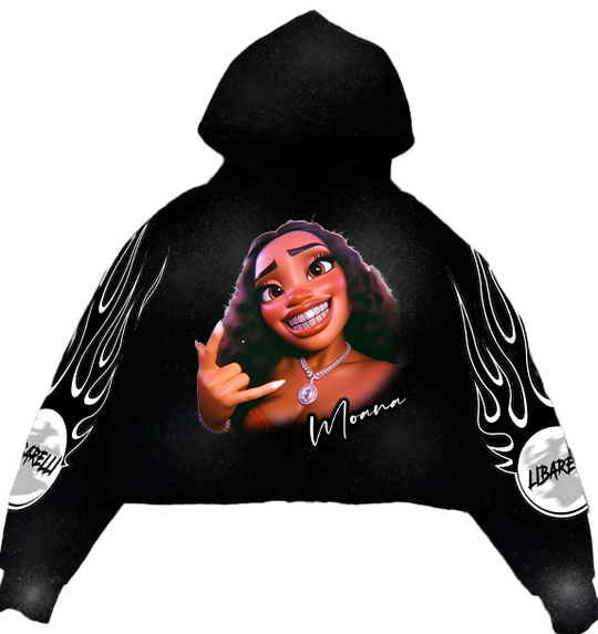 Moana Hoodie, black hoodie with large front character graphic and flame-style sleeve prints