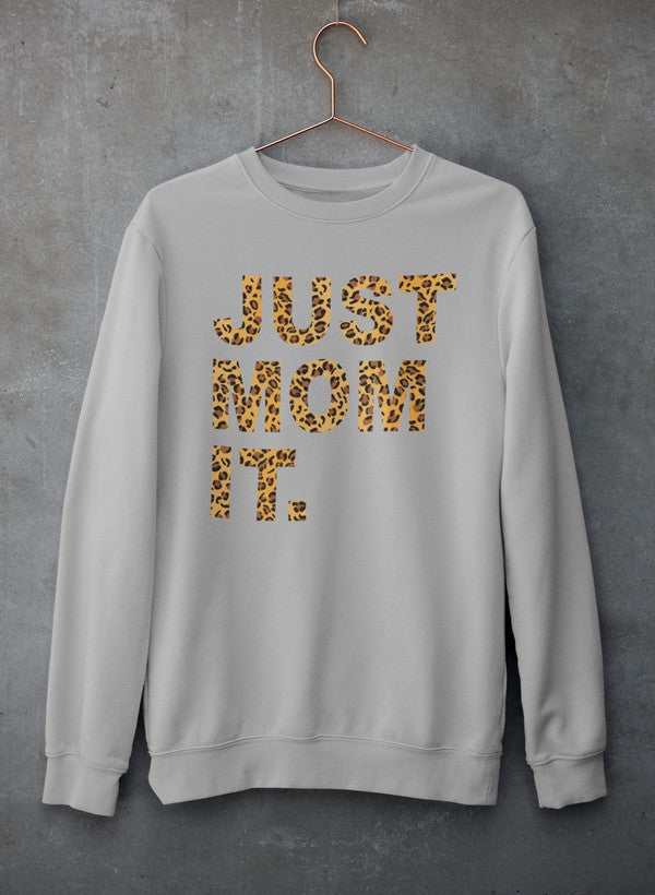 Sweatshirt hellgrau meliert mit „JUST MOM IT“ Leopardenprint vorne