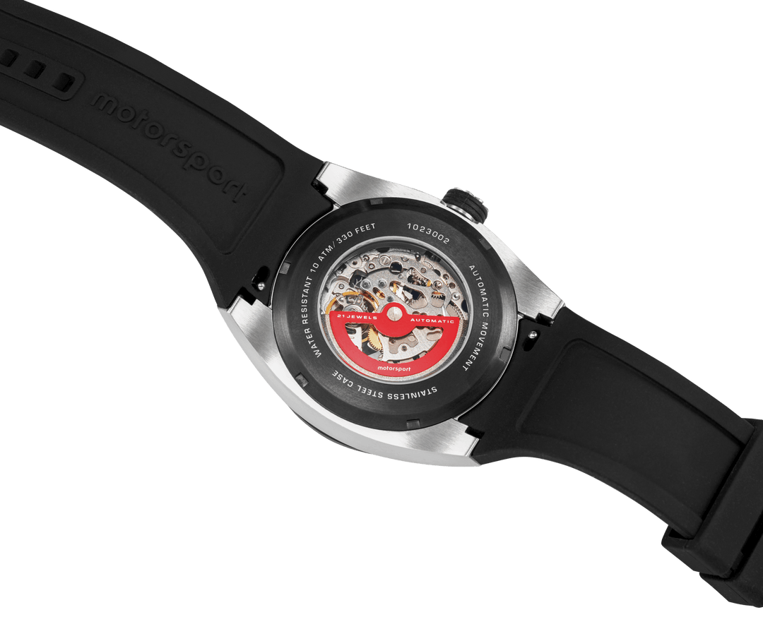 Motorsport Turbo Automatic Uhr, verschraubter Gehäuseboden mit Automatik-Aufdruck
