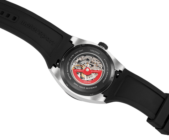 Motorsport Turbo Automatic Uhr, verschraubter Gehäuseboden mit Automatik-Aufdruck