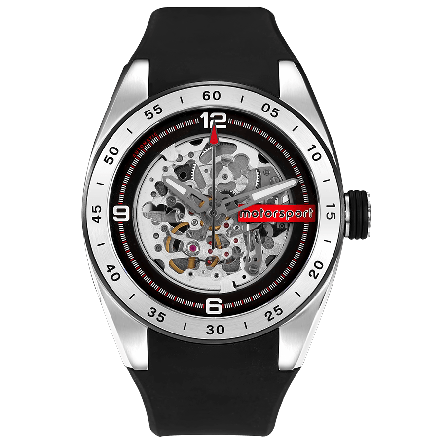 Motorsport Turbo Automatic Uhr, schwarzes Silikonarmband, sichtbares Automatikwerk