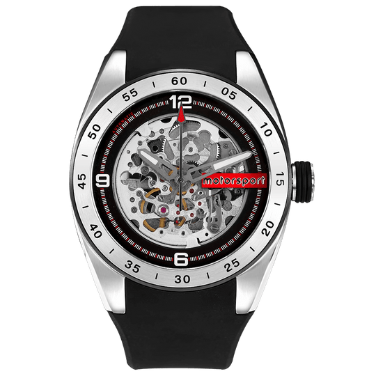 Motorsport Turbo Automatic Uhr, schwarzes Silikonarmband, sichtbares Automatikwerk