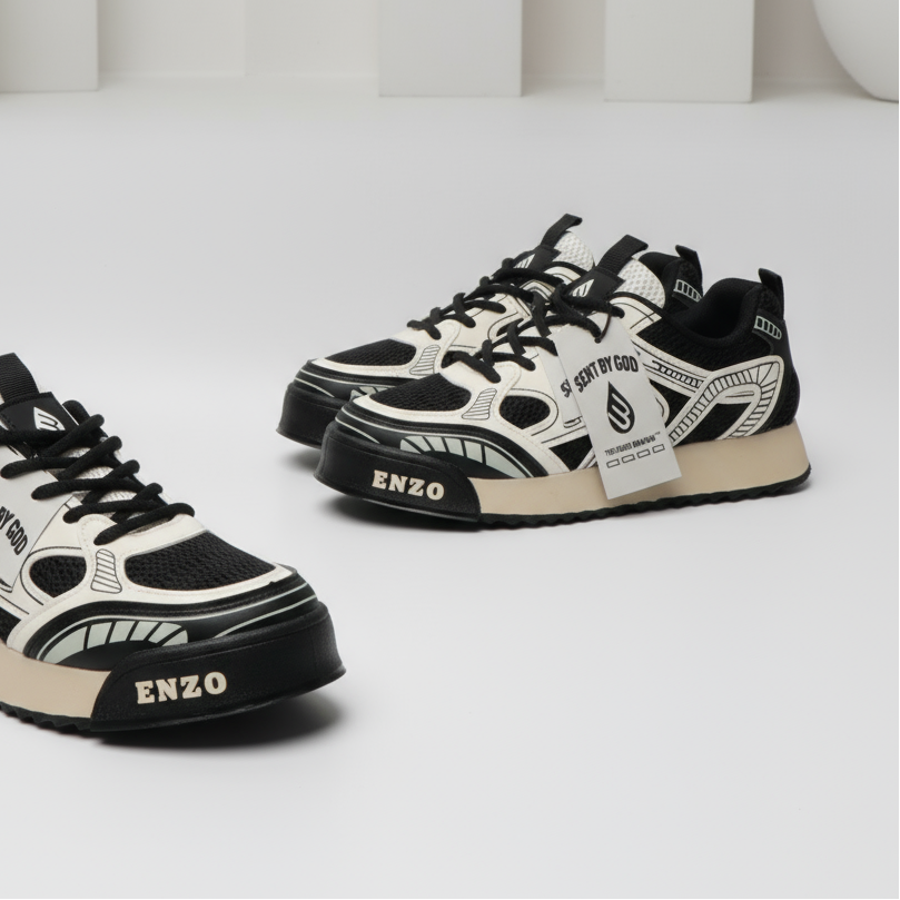 Two milk-white lace-up sneakers with black graphic overlays and hanging tongue tag