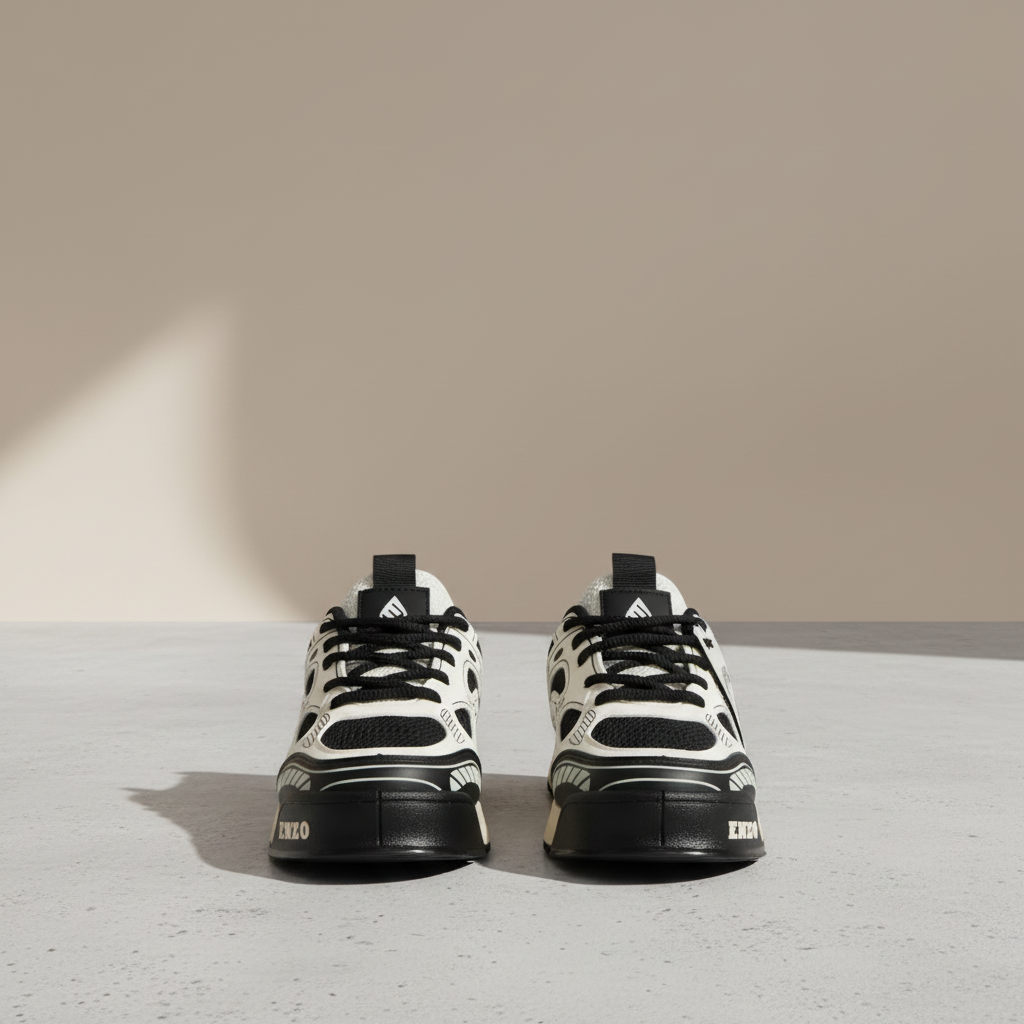 Rear view of milk-white sneakers with black soles and laces, ENZO heel branding