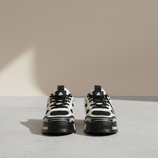 Rear view of milk-white sneakers with black soles and laces, ENZO heel branding