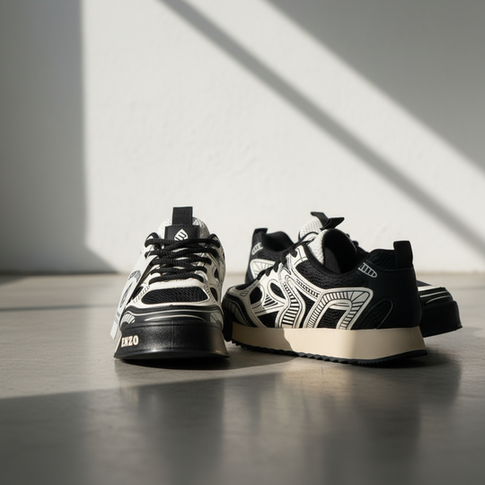 Rear angle of milk-white sneakers with black heel tabs and graphic side panels