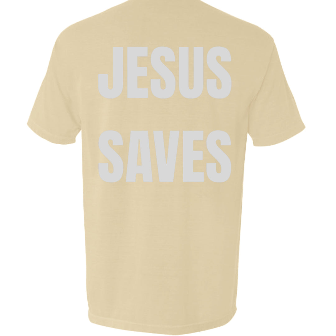 Jesus Saves pocket tee—sandstone, large back text print