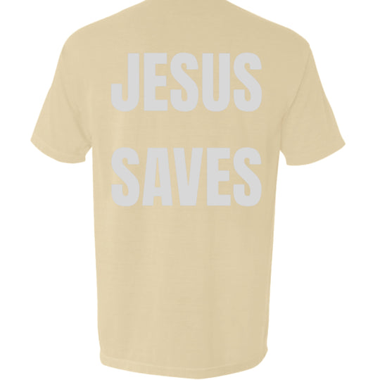 Jesus Saves pocket tee—sandstone, large back text print