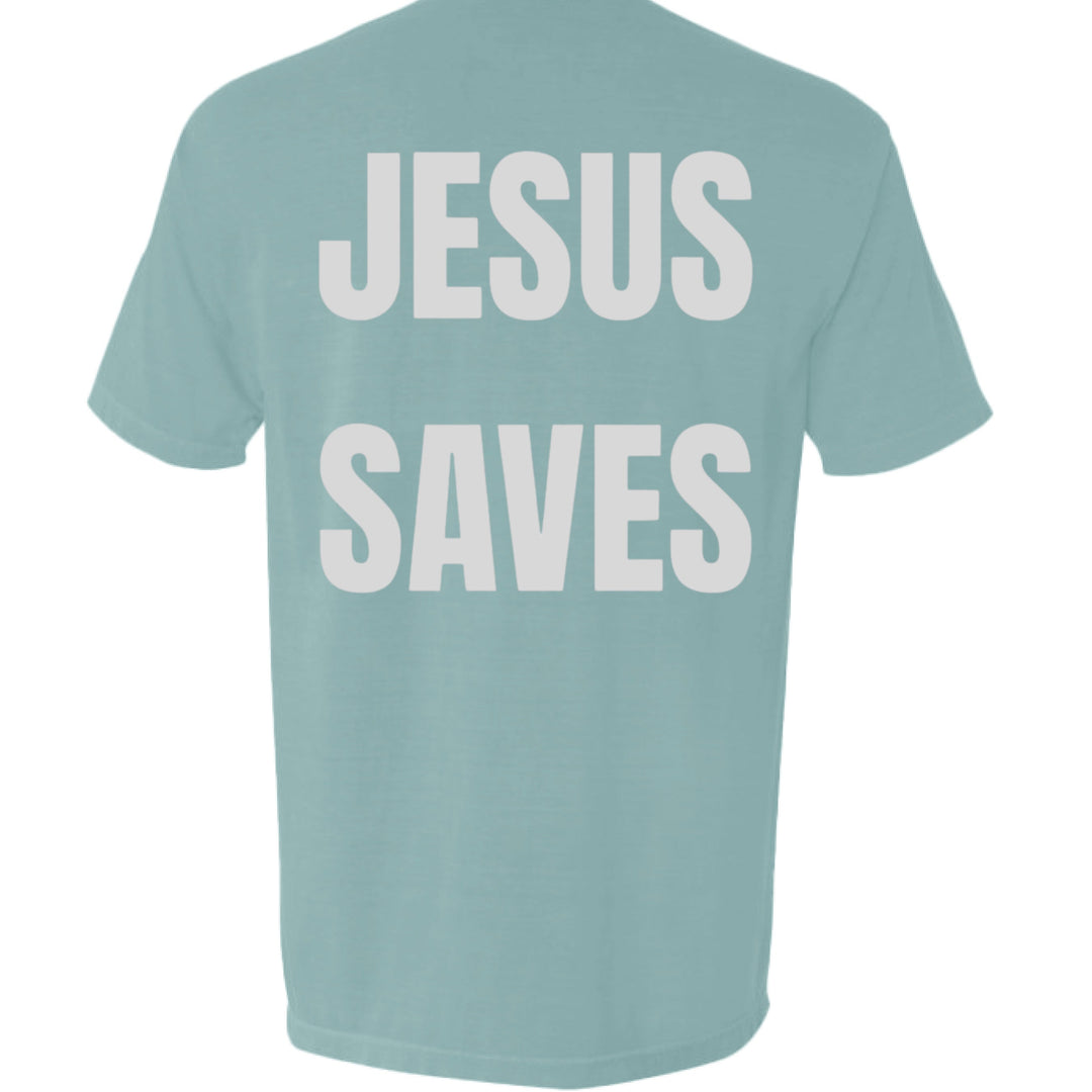 Seafoam Jesus Saves Pocket Tee, back graphic text “JESUS SAVES”