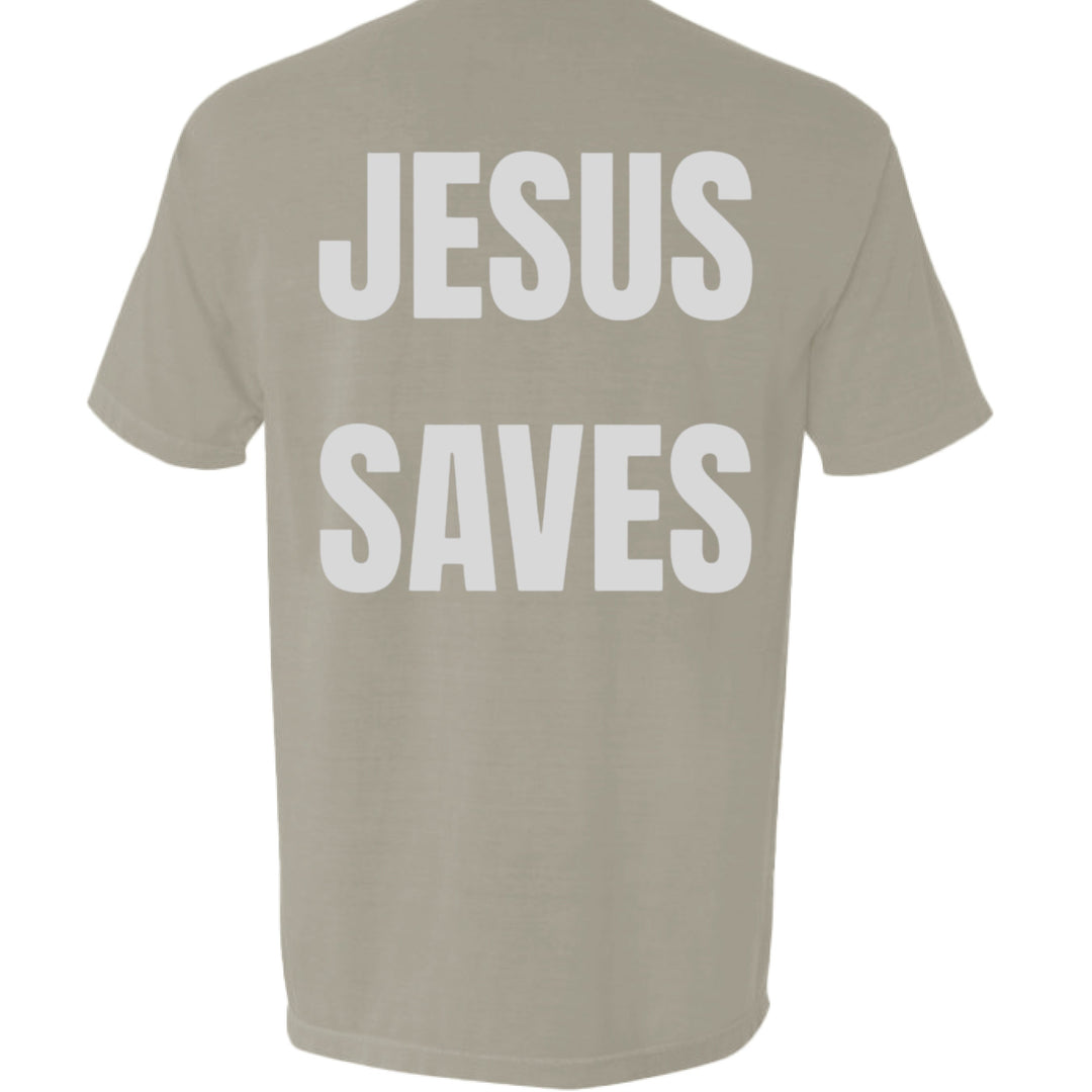 Sandstone Jesus Saves Pocket Tee, back graphic text “JESUS SAVES”
