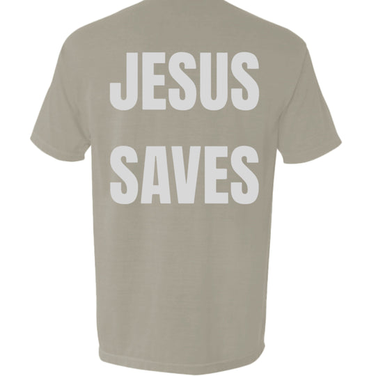 Sandstone Jesus Saves Pocket Tee, back graphic text “JESUS SAVES”