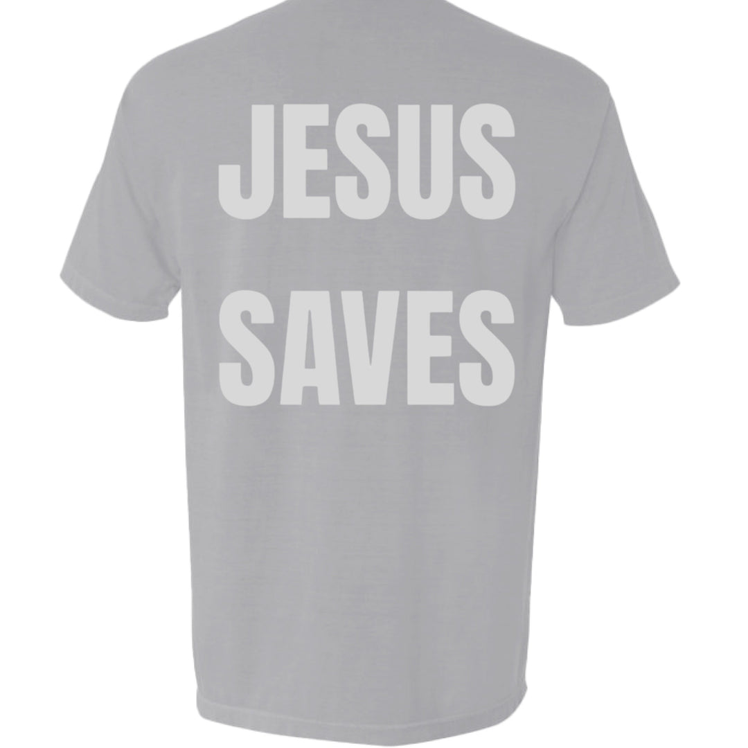 Granite gray Jesus Saves Pocket Tee, back graphic text “JESUS SAVES”