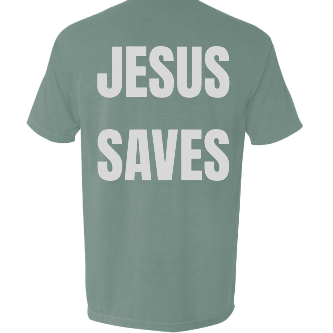 Seafoam Jesus Saves Pocket Tee, back graphic “JESUS SAVES”