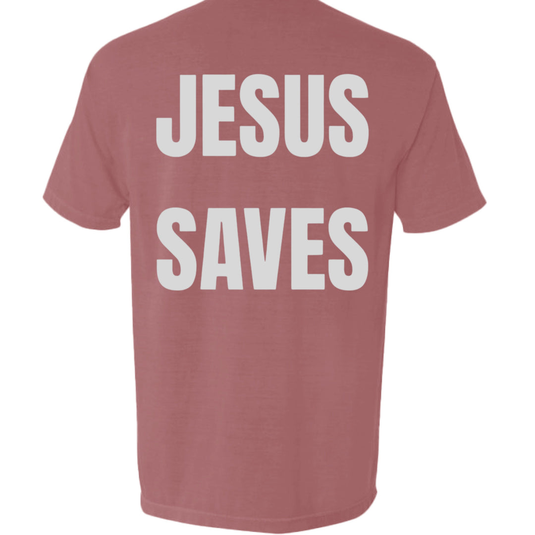 Jesus Saves Pocket Tee in brick red, front graphic text and crew neck
