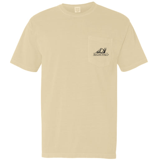 Jesus Saves pocket tee—sandstone, left chest graphic on pocket
