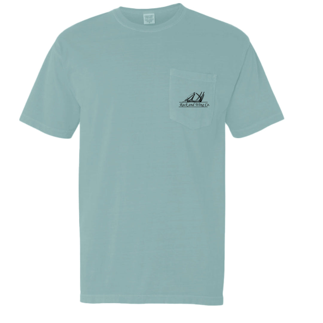 Jesus Saves Pocket Tee in seafoam, front chest pocket and small logo