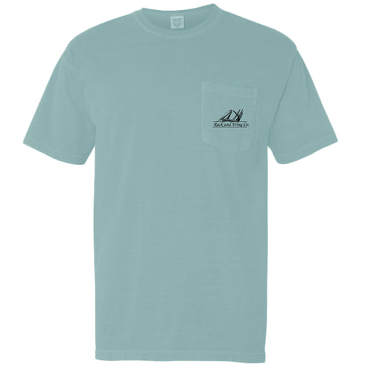 Jesus Saves Pocket Tee in seafoam, front chest pocket and small logo