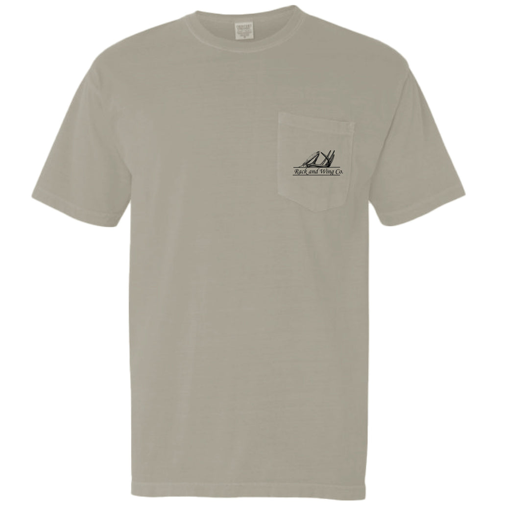 Jesus Saves Pocket Tee in sandstone, front with chest pocket and logo