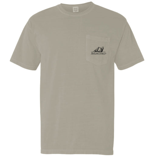 Jesus Saves Pocket Tee in sandstone, front with chest pocket and logo