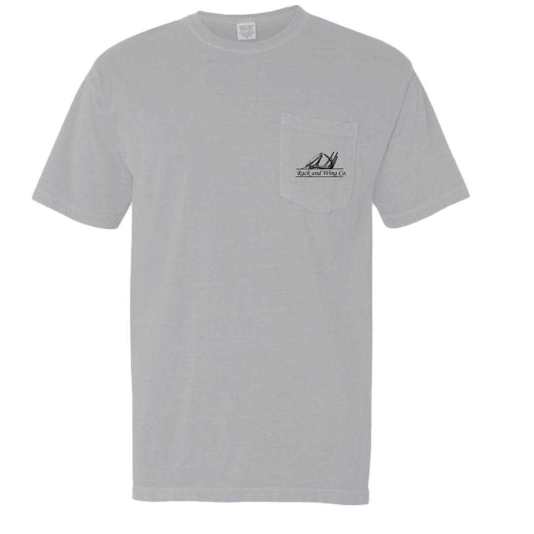 Jesus Saves Pocket Tee in granite gray, front chest pocket logo