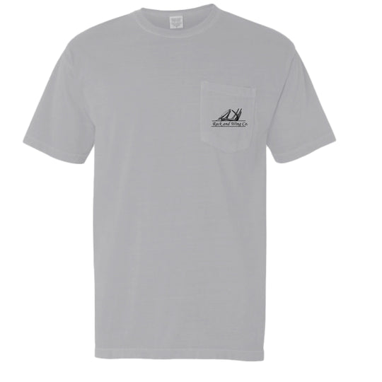 Jesus Saves Pocket Tee in granite gray, front chest pocket logo