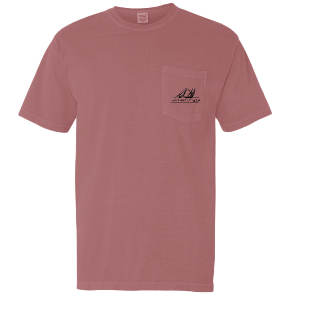 Brick red Jesus Saves Pocket Tee, chest pocket with logo on front