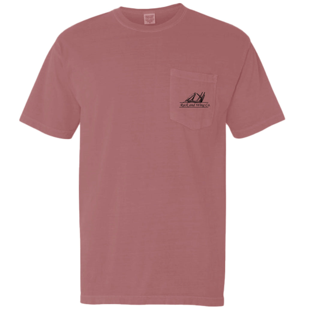 Brick red Jesus Saves Pocket Tee, chest pocket with logo on front