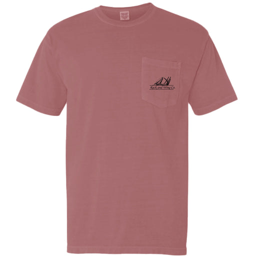 Brick red Jesus Saves Pocket Tee, chest pocket with logo on front