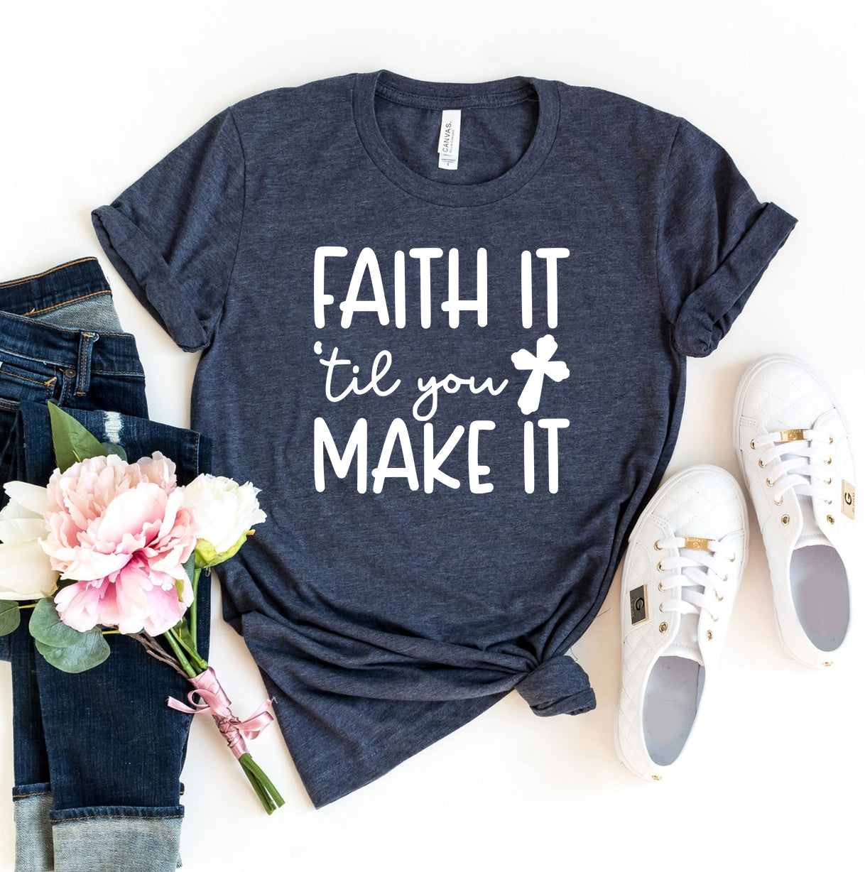 Faith It T-shirt, navy blue, front graphic text and cross icon