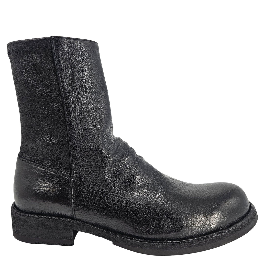 Black leather ankle boot with low block heel and side seam, pull-on style