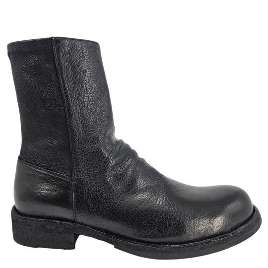 Black leather ankle boot with low block heel and side seam, pull-on style