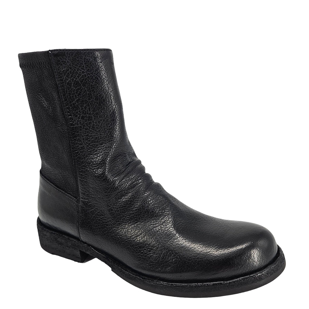 Black leather ankle boot with rounded toe and low block heel, side view