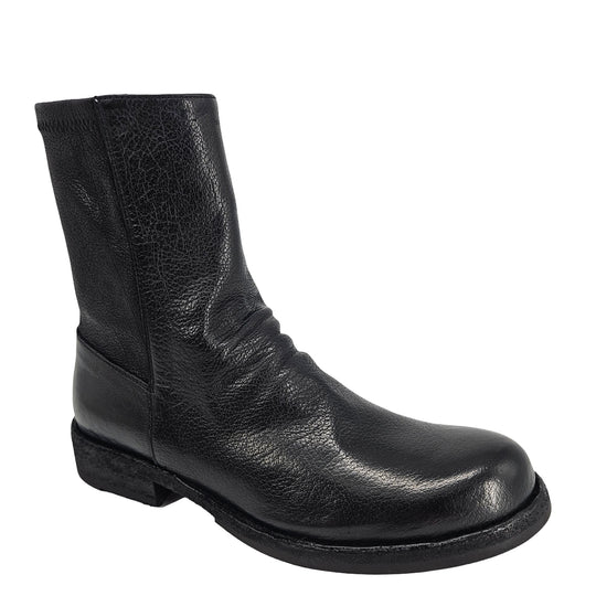 Black leather ankle boot with rounded toe and low block heel, side view